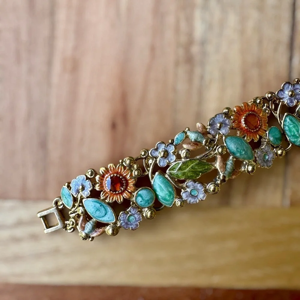 VTG Liz Claiborne Bracelet 7 Inch Jewelry Floral Bee Enamel Wide Multi Color New